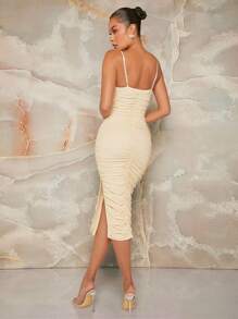 L'Amorae 褶饰紧身胸衣网眼吊带紧身连衣裙 - 米色 - 查看 2