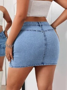 SHEIN ICON Falda vaquera simple y sólida para mujer de talla grande, ideal para uso diario - Azul - Ver 2