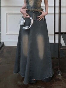 Chân váy mini denim giản dị đa năng dành cho nữ - Rửa tối - Xem 3