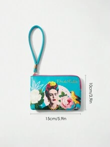 Frida Kahlo X SHEIN Monedero con cremallera con estampado de caracteres y flores, regalo