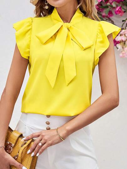 SHEIN Clasi Blusa amarilla elegante de verano para mujer con lazo, mangas aletadas y sin mangas