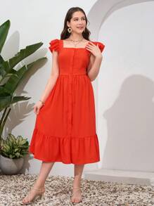 SHEIN Teen Girl Woven Ruffled Flutter Sleeve Open-Front Belted Holiday Dress