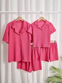 SHEIN Women's Pink Solid Color Shorts And Short Sleeve Casual Home Outfit Set - Pink - View 1