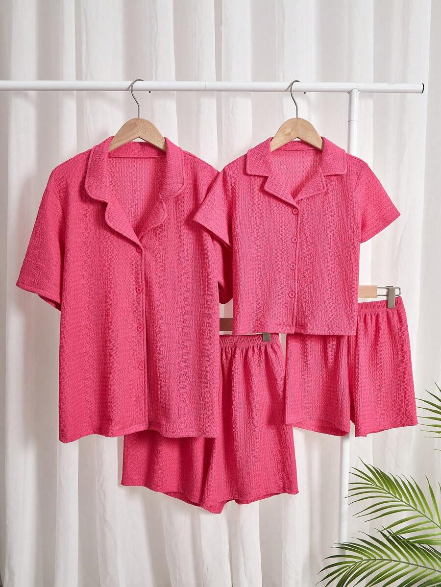SHEIN Women's Pink Solid Color Shorts And Short Sleeve Casual Home Outfit Set - Pink - View 1