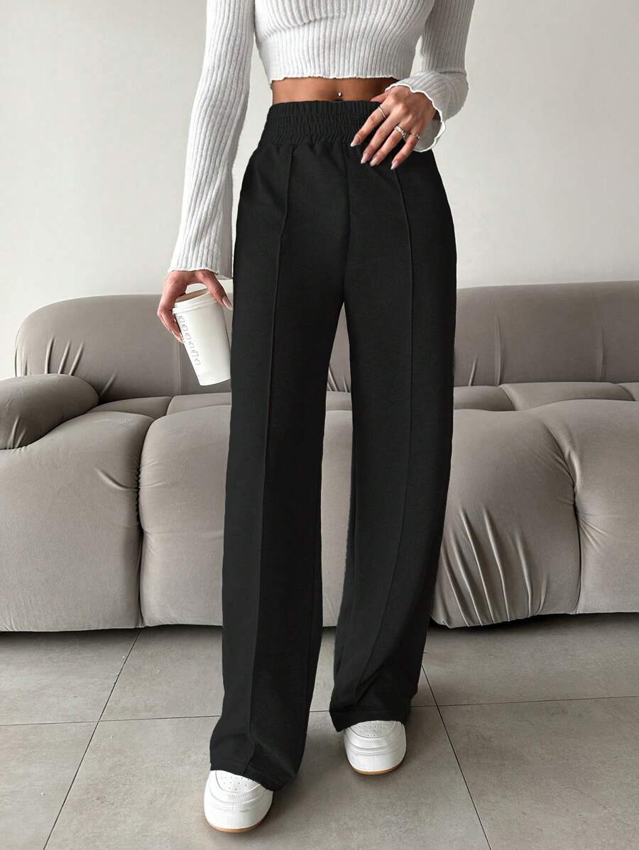 SHEIN PETITE Petite Women Plain Minimal Casual Sweatpants - Black - View 1