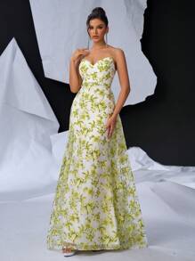 SHEIN Belle Elegant And Romantic Mesh Orangery Floral Print Halter Bustle Cups High Waist Thin Slim Fishtail Fluttering Back Width Swing Floating Piece Dating Vacation Graduation Wedding Event Heavy Duty Dinner Evening Gowns