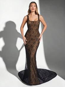 Hauture Women Dresses Sheer Bunga All Over Print Pola Bertekstur Seksi - Hitam - View 1