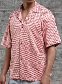 Manfinity Chillmode Camisa casual para hombre con estampado de manga corta y cierre de botón sencillo, ideal para primavera/verano