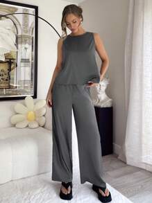 SHEIN Essnce 女性舒適的緞面親膚交叉設計2件套休閒裝，灰色，夏季波西米亞舊錢套裝現代老師服裝 - 灰色 - 查看 3