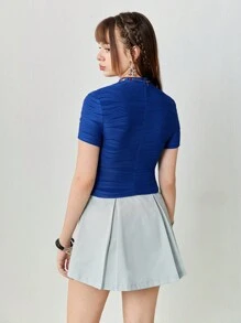 SHEINNeu Wąski damski letni, krótki t-shirt z teksturowanej tkaniny z okrągłym dekoltem - Niebieski - Zobacz 2