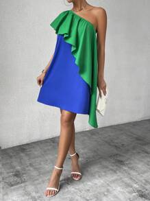 Calvaya Robe d'été asymétrique avec encolure en bloc de couleur et ourlet à volants