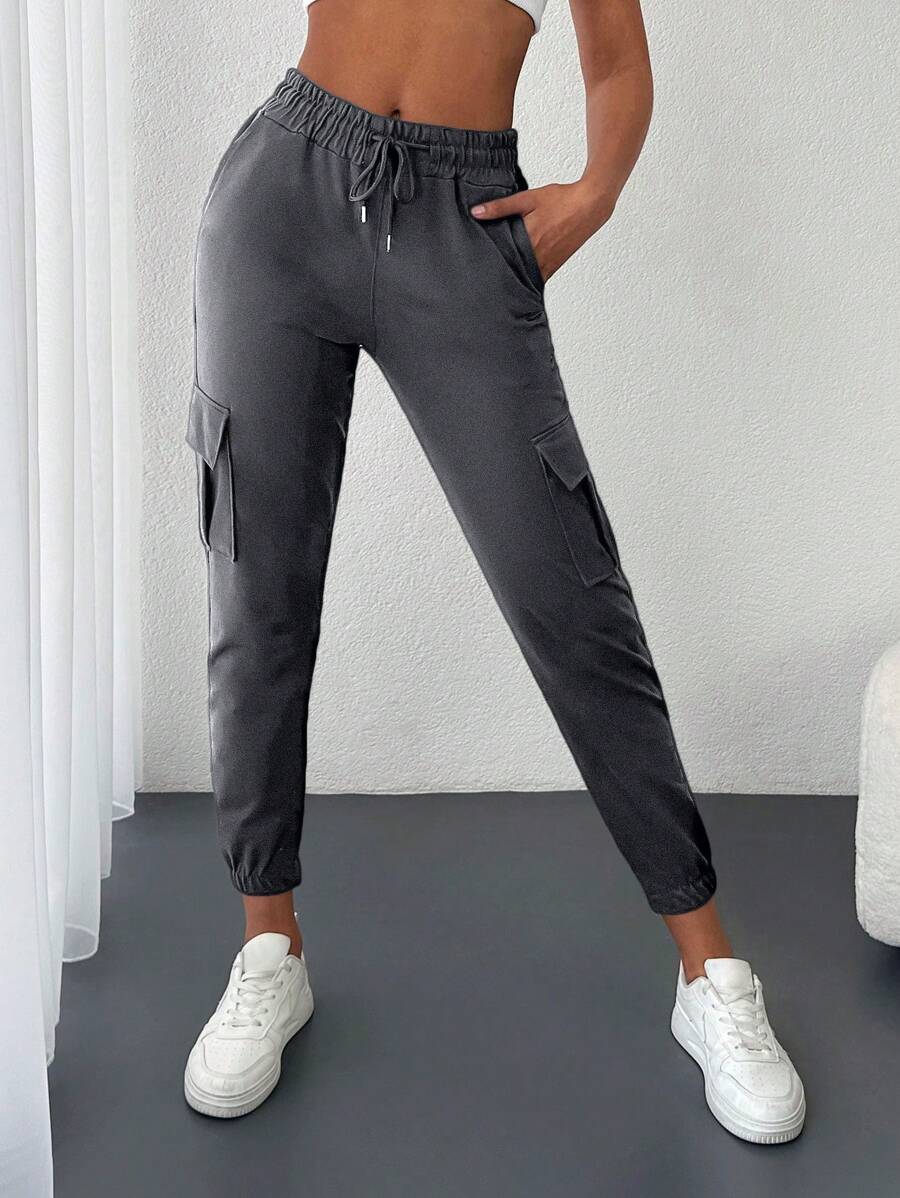 Cottnline Drawstring Waist Flap Pocket Side Cargo Sweatpants - Dark Grey - View 1