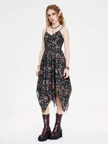 ROMWE Hippie Gaun Slip Gaya Liburan Wanita dengan Motif Bunga Botanikal dan Hem Asimetris - MultiWarna - View 4