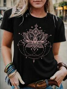 SHEIN LUNE 女士休閒荷花圖案圓領短袖T恤，適用於夏季