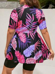 Swim Mulvari Plus Size Tropical Printed Short Sleeve Beach Top And Solid Color Shorts Swimsuit Set For Vacation,Summer Beach - Purple - View 2