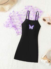Tween Girl Vacation Butterfly Print Casual One-Piece Swimsuit With Mesh Short Sleeve Cover-Up Top - Multicolor - View 7