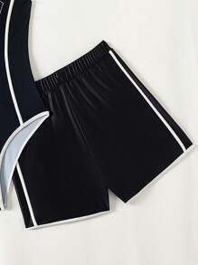 Traje de baño de una pieza para adolescentes con estampado en blanco y negro de letras Galifornia West Coast, estilo deportivo casual, suelto, adecuado para la playa de verano, surf y actividades al aire libre en el agua, con pantalones cortos y tirantes