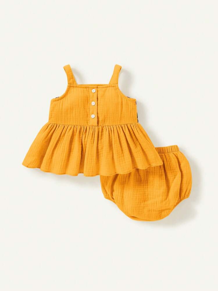 Baby Girl Floral Pattern Knitted Patchwork Sleeveless Jumpsuit With Bloomer Shorts Set