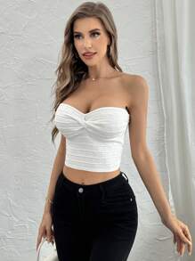 SHEIN Privé Elegant And Casual Short Style Milk White Tube Top With Twisted Front Design, Perfect For Holiday Parties - Beige - View 4