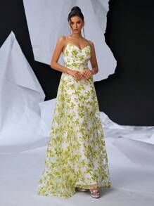 SHEIN Belle Elegant And Romantic Mesh Orangery Floral Print Halter Bustle Cups High Waist Thin Slim Fishtail Fluttering Back Width Swing Floating Piece Dating Vacation Graduation Wedding Event Heavy Duty Dinner Evening Gowns