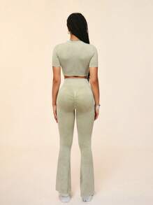 SHEIN Ladies' Solid Color Simple Daily Wear Hollow Out Short Sleeve Top And Long Pants Sports Set - Green - View 6