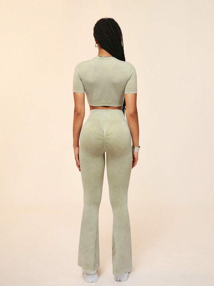 Ladies' Solid Color Simple Daily Wear Hollow Out Short Sleeve Top And Long Pants Sports Set