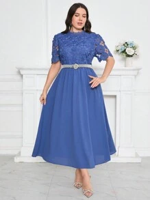 Modelyn Plus Size Solid Color Stand Collar Lace Splicing Elegant Short Sleeve Dress For Summer - Blue - View 6