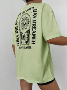 SHEIN Cottnline Butterfly & Letter Pattern Print Drop Shoulder T-shirt For Women - Mint Green - View 5