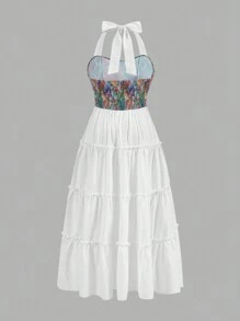 Flirla Plus Size Holiday Floral Jacquard Patchwork Halter Neck Dress - Multicolor - View 2