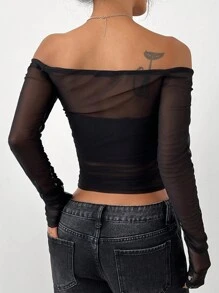 SHEIN EZwear Áo lưới dài tay xuyên thấu màu trơn dành cho nữ - màu đen - Xem 2