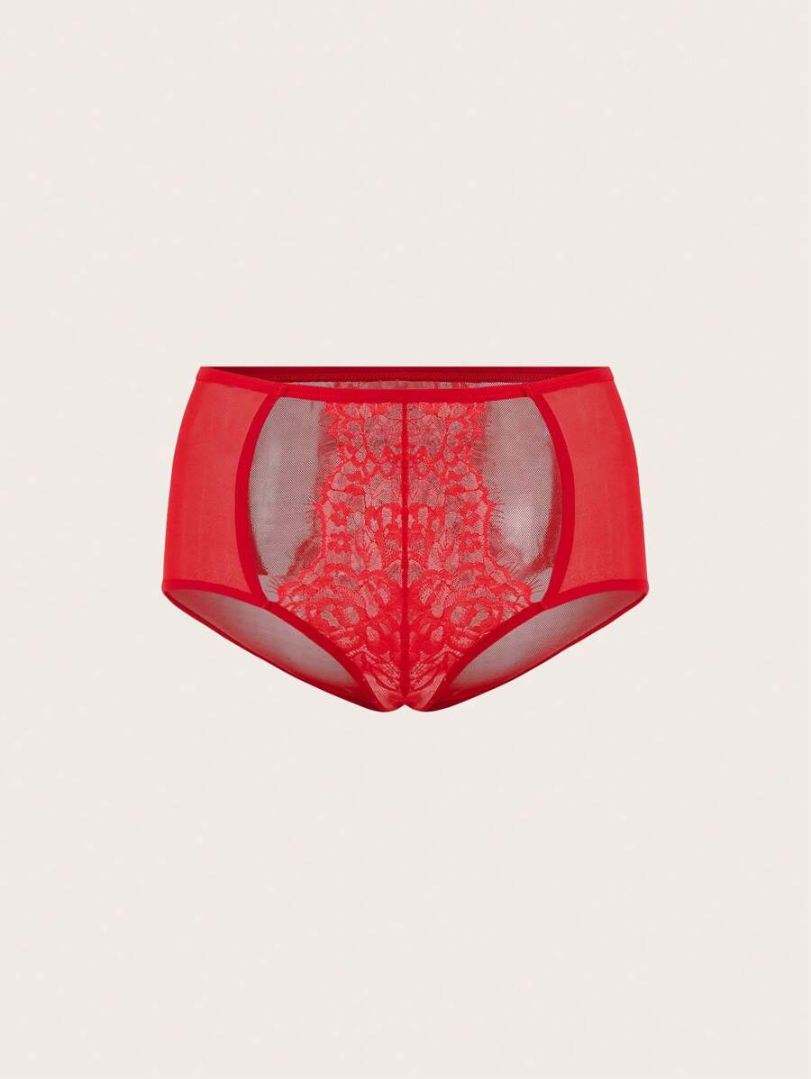 SHEIN Women's Solid Color Simple Lace Trimmed Triangle Panties For Everyday Wear - Red - View 1