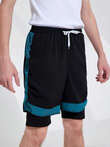 Teen Boy Casual Color-Block Drawstring Waist Sports Shorts For Summer - Black - View 1
