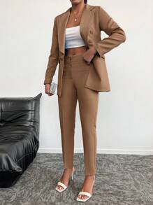 EURMUSE Ladies Lapel Buttoned Suit - Beige - View 3