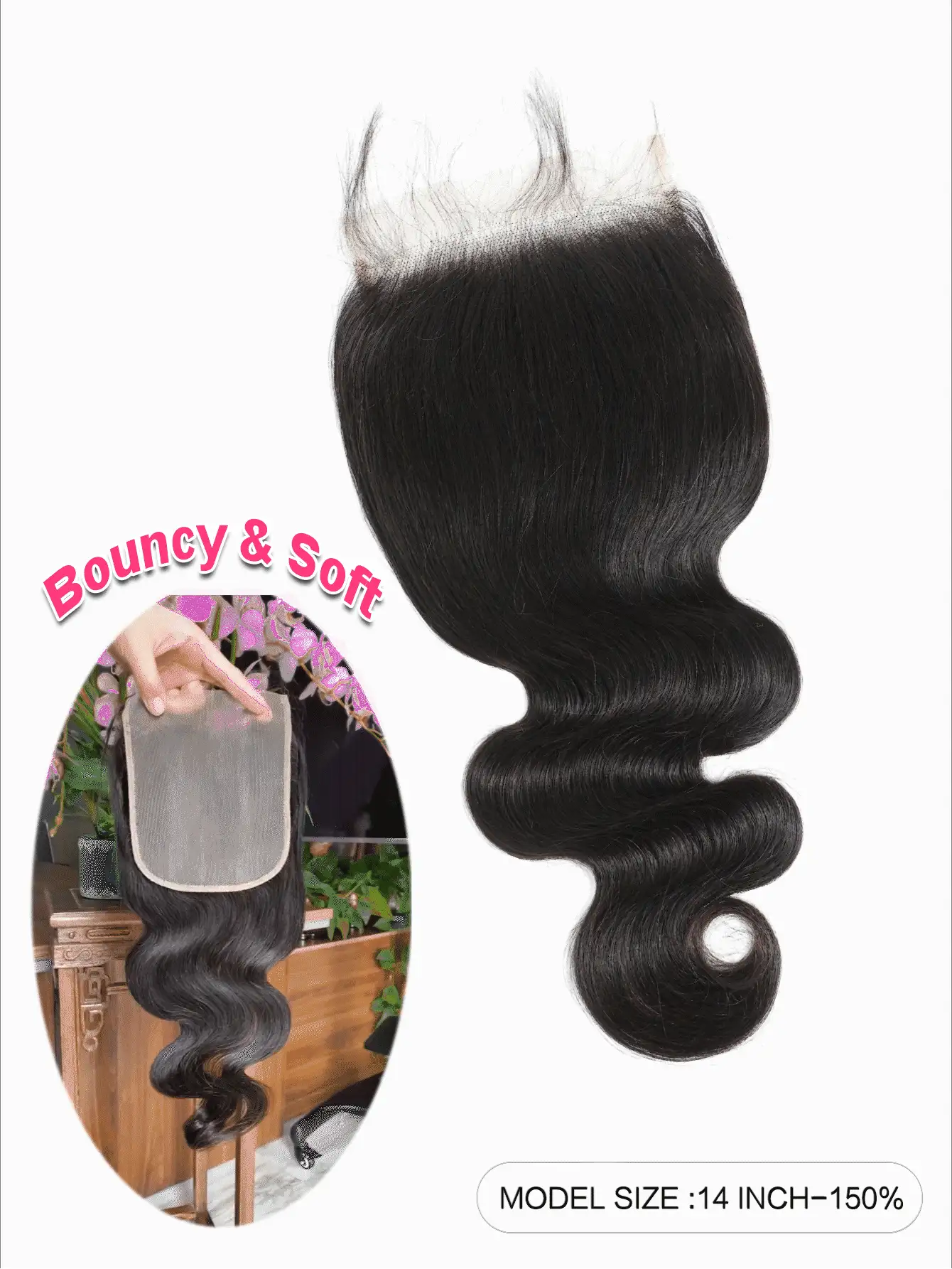 Cierre transparente de encaje Body ondulado de 6x6 con parte libre, 100% cabello humano virgen sin procesar, pre-desplumado con cabello de bebé, línea de cabello natural, negro natural - Natural Black - Ver 2