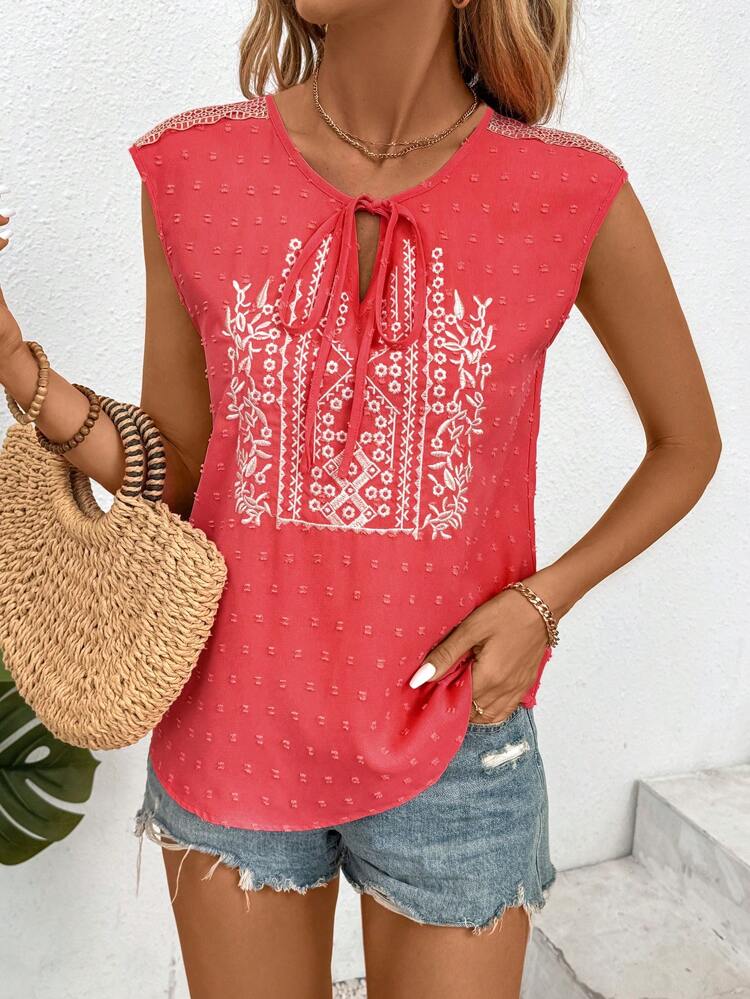 Women's Swiss Dot Lace Up Sleeveless Summer Shirt, Holiday Style