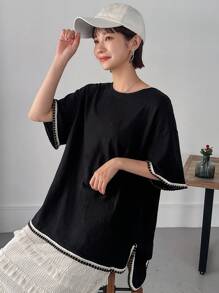 FRIFUL Women's Summer Loose Round Neck T-Shirt With Wide Sleeves And Cuff Splice Design