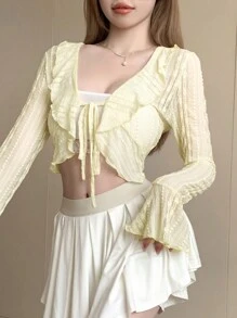 DAZY 纯色荷叶边饰带前襟短款衬衫节日长袖上衣 - 杏色 - 查看 1