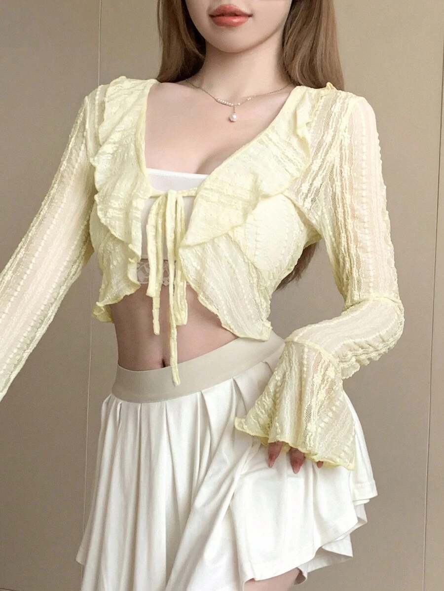 DAZY 纯色荷叶边饰带前襟短款衬衫节日长袖上衣 - 杏色 - 查看 1