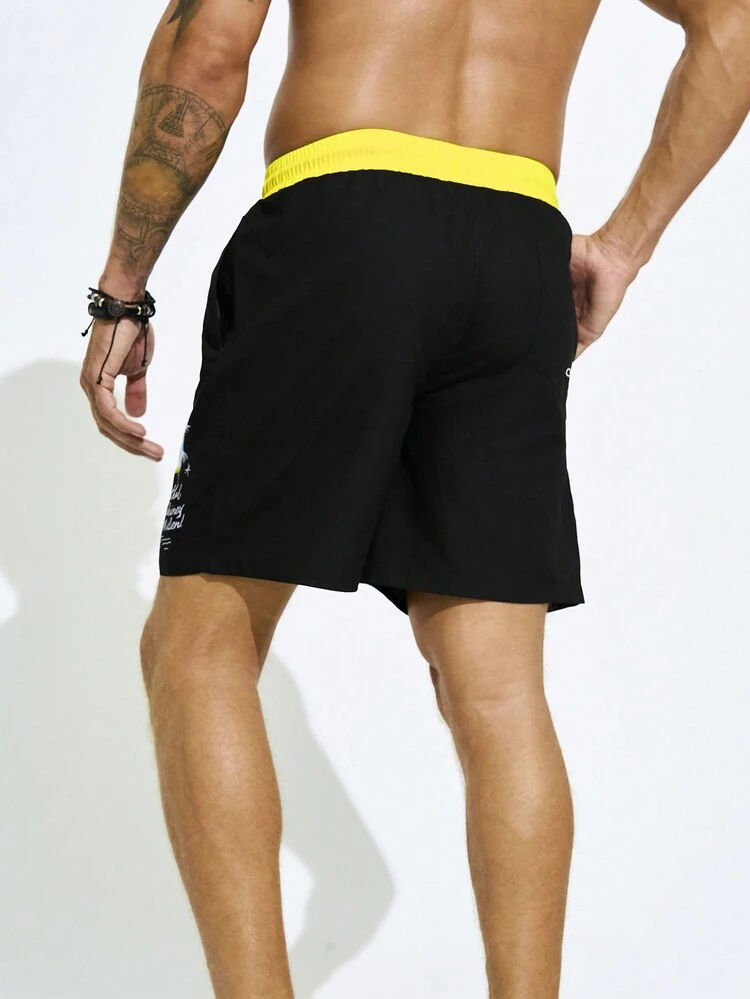 Men Coconut Tree Printed Colorblocking Drawstring Waist Beach Shorts For Vacation And Leisure