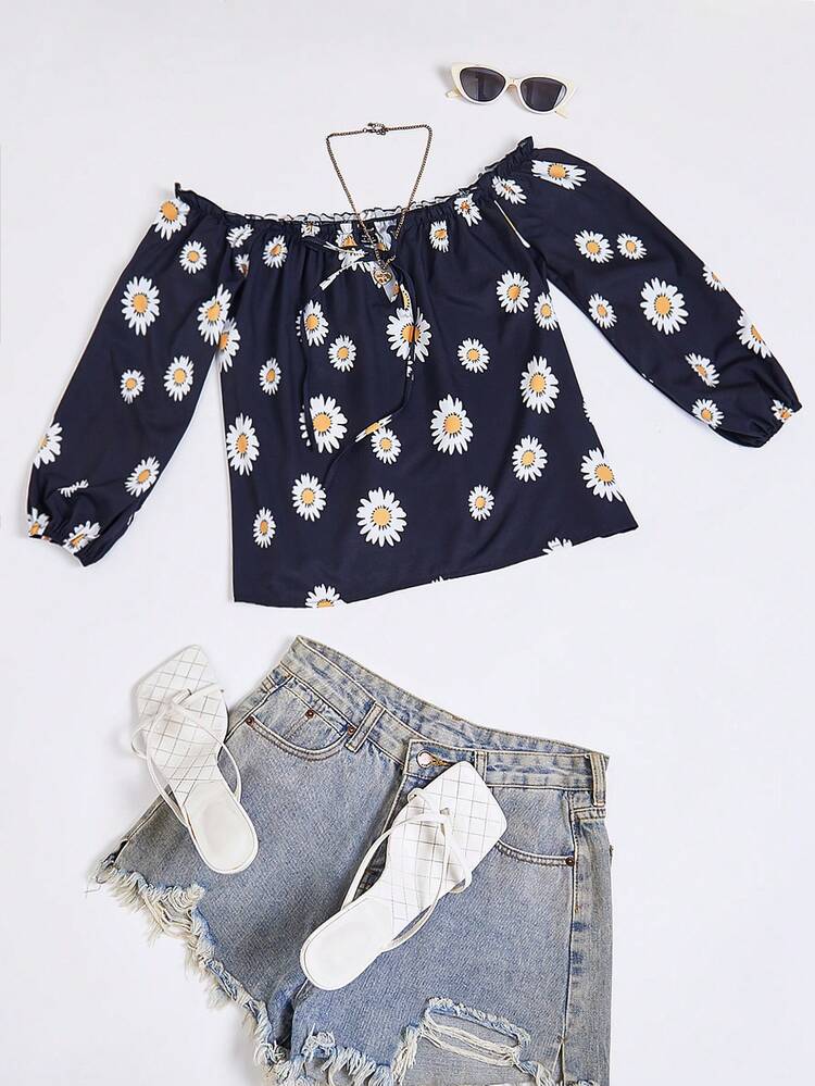 Women's Fashionable Off-Shoulder Shirt With Small Daisy Print