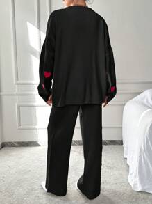 SHEIN Cottnline Women's Heart Pattern Drop Shoulder Sweater And Sweater Pants Set - Black - View 2