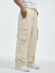 Manfinity VCAY Men's Solid Color Utility Pants With Multiple Pockets And Straight Leg Design Cargo Going Out