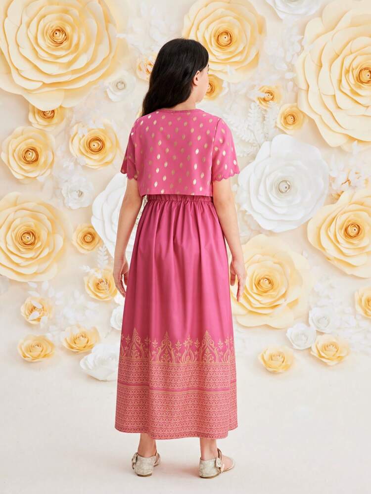 Tween Girl Elegant Gold Foil Print Short Sleeve Top And Slip Dress Set For Summer