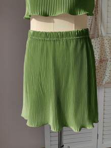 Comfortcana Green Woven Pleated Women Halter Crop Top & Mini Skirt Summer Two-Piece Outfits - Green - View 5