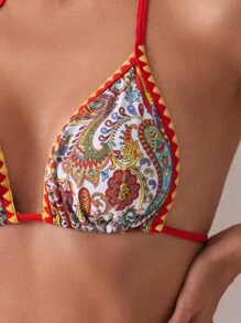SHEIN Swim Women's Vacation Printed Halter Neck Tie Sexy Bikini Set With Brazilian Bottom(Random Print) Summer