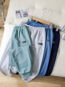 Tween Boy Set Of 4 Casual Loose Fit Knit Solid Color Sweatpants With Patch, 1pc/Color, School, Campus, College - Multicolor - View 8