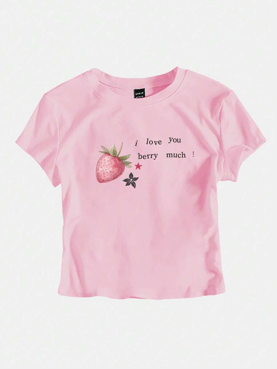 SHEIN Unity 女士 Y2K 粉色草莓水果标语短款 T 恤婴儿 T 恤，夏季我爱你浆果图案 T 恤女士上衣 - 粉色 - 查看 1
