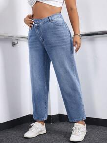 SHEIN EZwear Plus Size Women's Fashion Solid Color Straight Leg Jeans - Blue - View 3