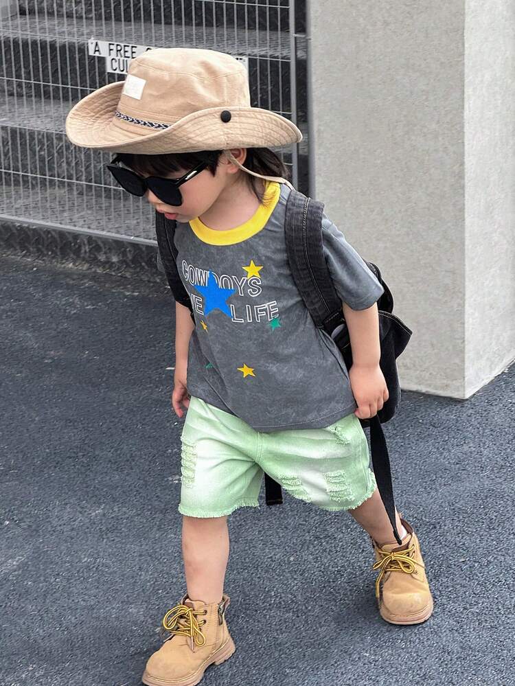 3pcs Fashionable Streetwear Hip-Hop Style Outfit Set For Baby Boys, Including T-Shirt And Denim Shorts