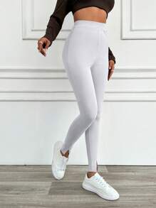 EURMUSE Solid Split Hem Leggings - White - View 4